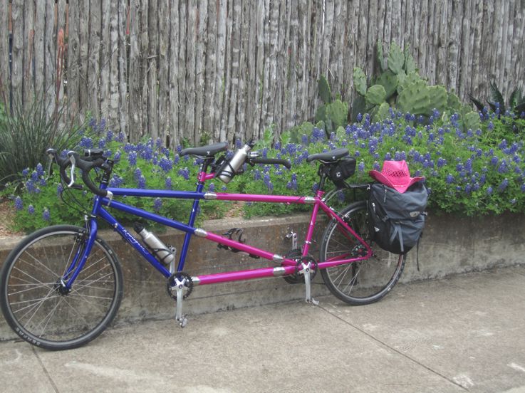Pink and Blue travel tandem against a ledge